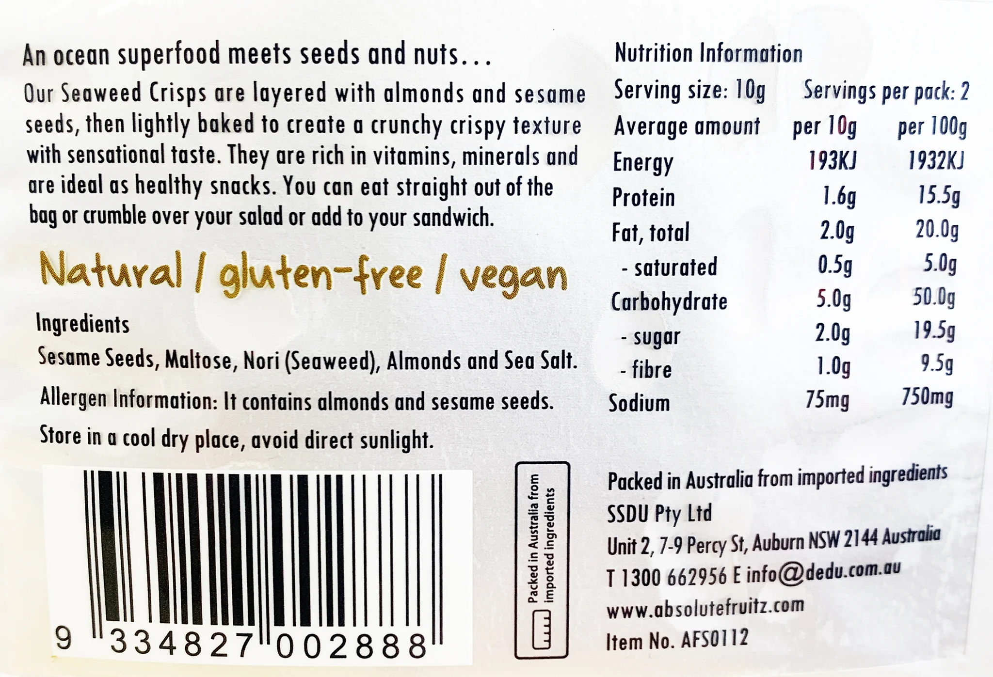 Absolutefruitz Seaweed Crisps with Almond 20g - Image 2