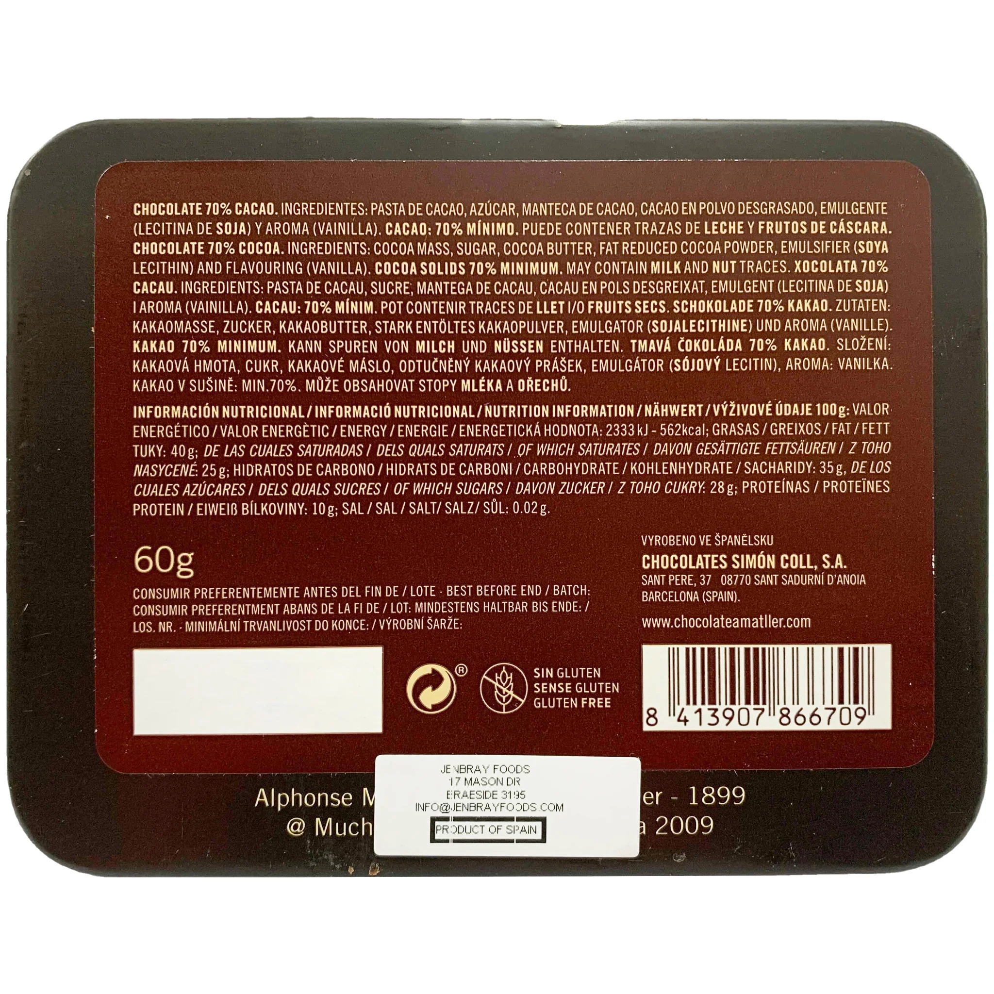 Amatller 70% Cacao Chocolate Leaves Tin 60g - Image 3