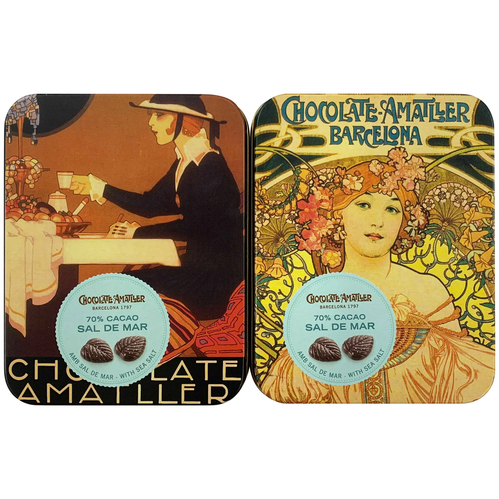 Amatller 70% Cacao Chocolate with Sea Salt Leaves Tin 60g - Image 2