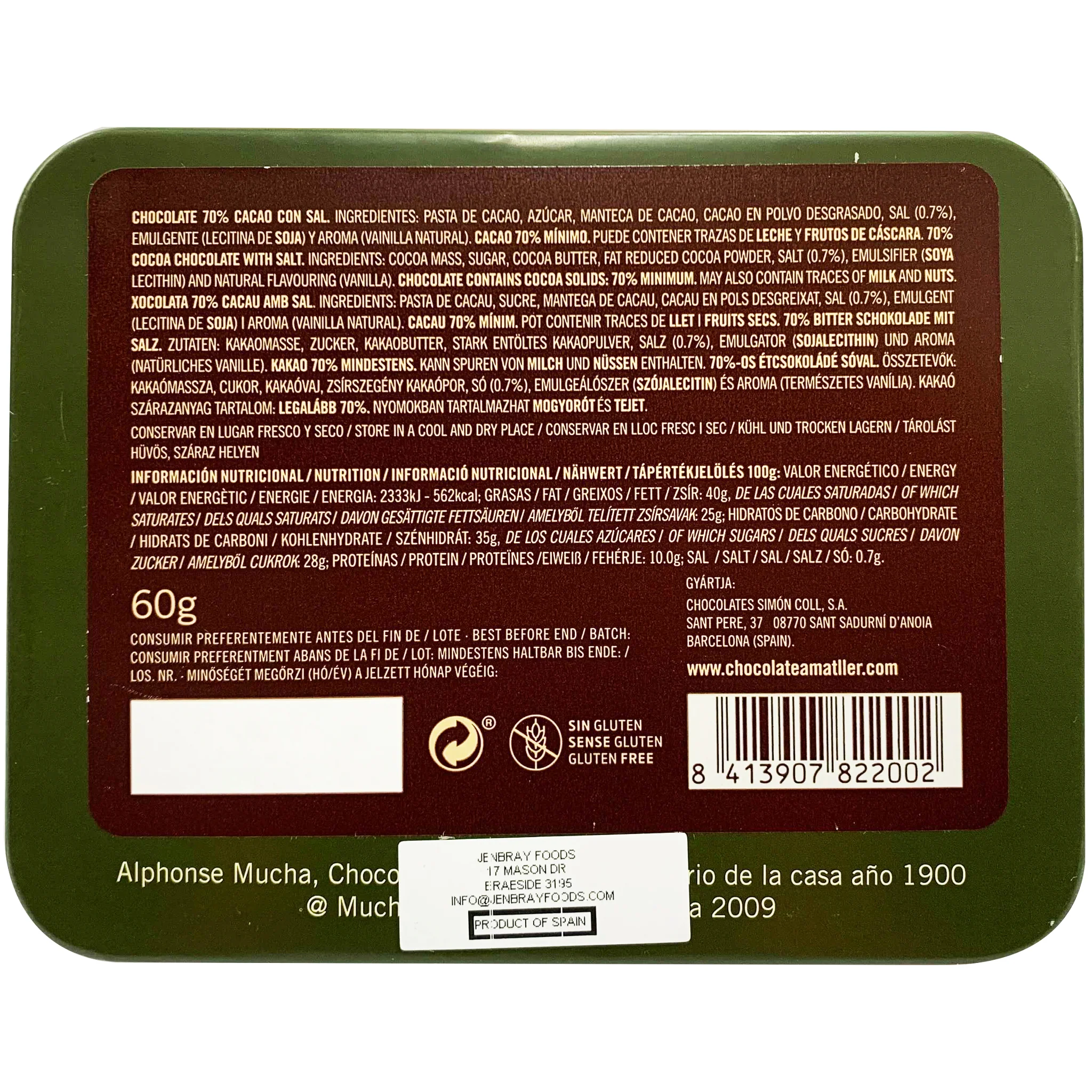 Amatller 70% Cacao Chocolate with Sea Salt Leaves Tin 60g - Image 3