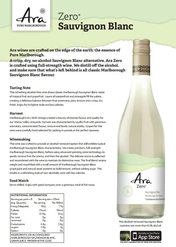 Ara Zero Alcohol Free Sauvignon Blanc Marlborough NZ 750mL - Image 2