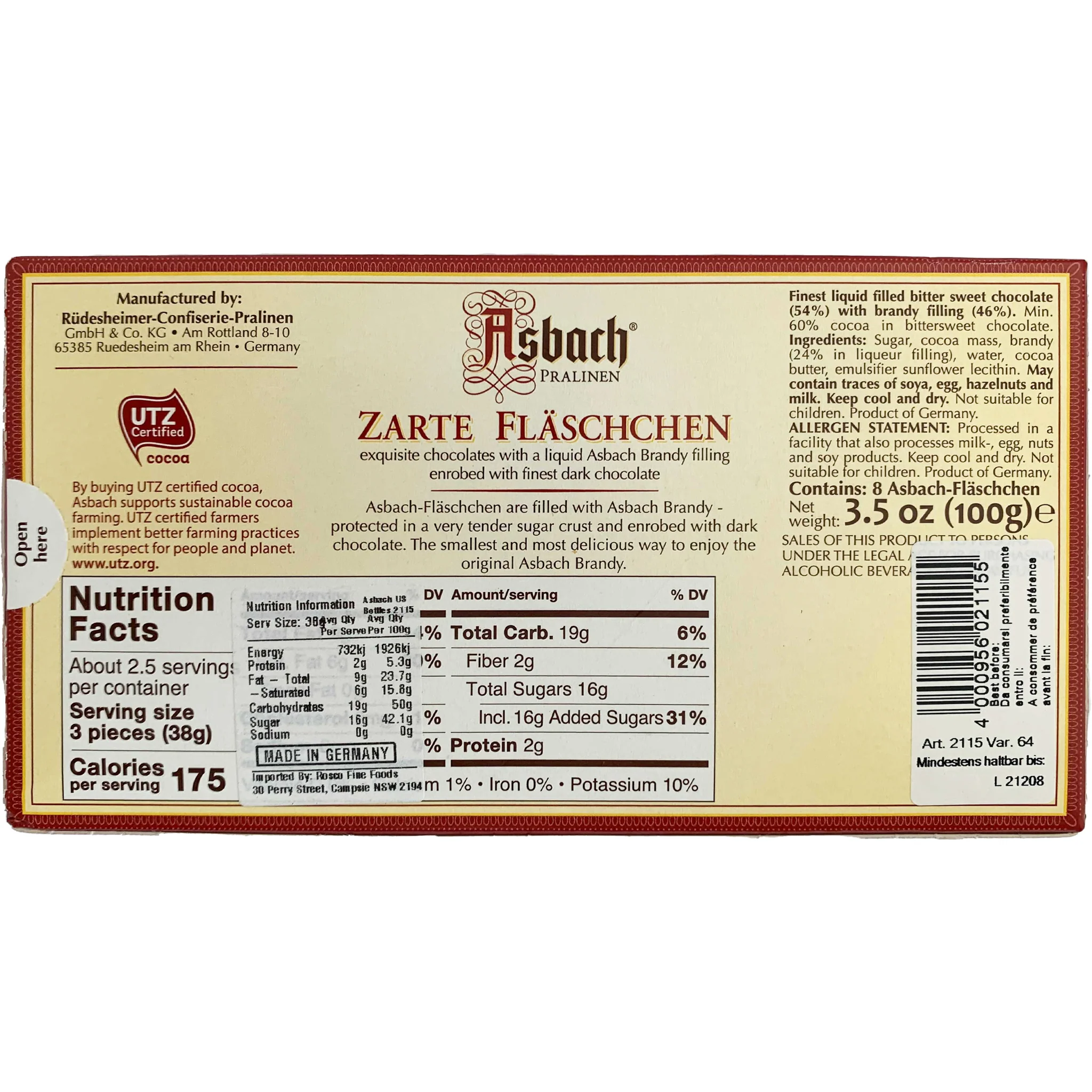Asbach Dark Chocolate Bottles Filled with Brandy 100g - Image 2