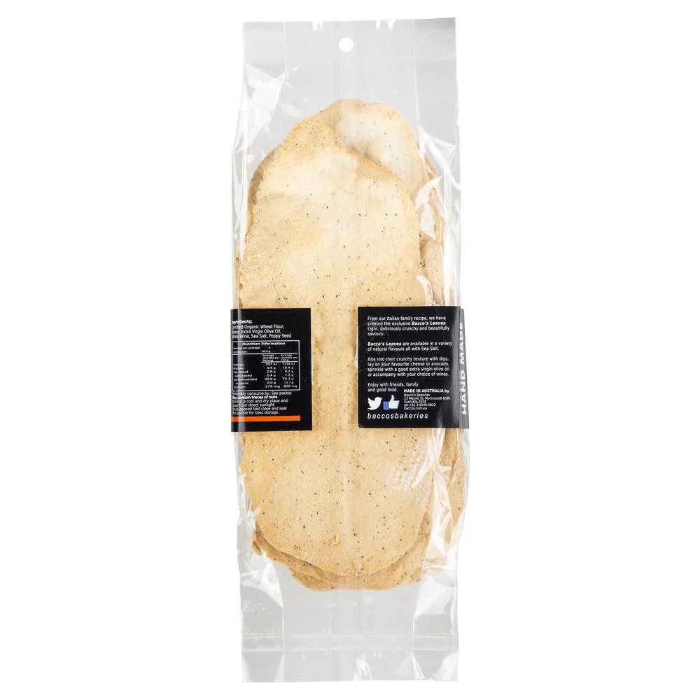 Bacco's Leaves Poppy Seed Organic Wheat Flatbread 130g - Image 2