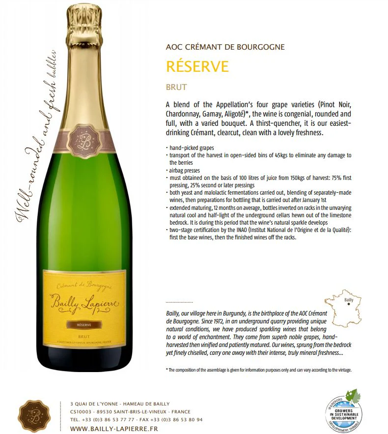 Bailly Lapierre Reserve Brut Sparkling Cremant de Bourgogne France 750ml - Image 2