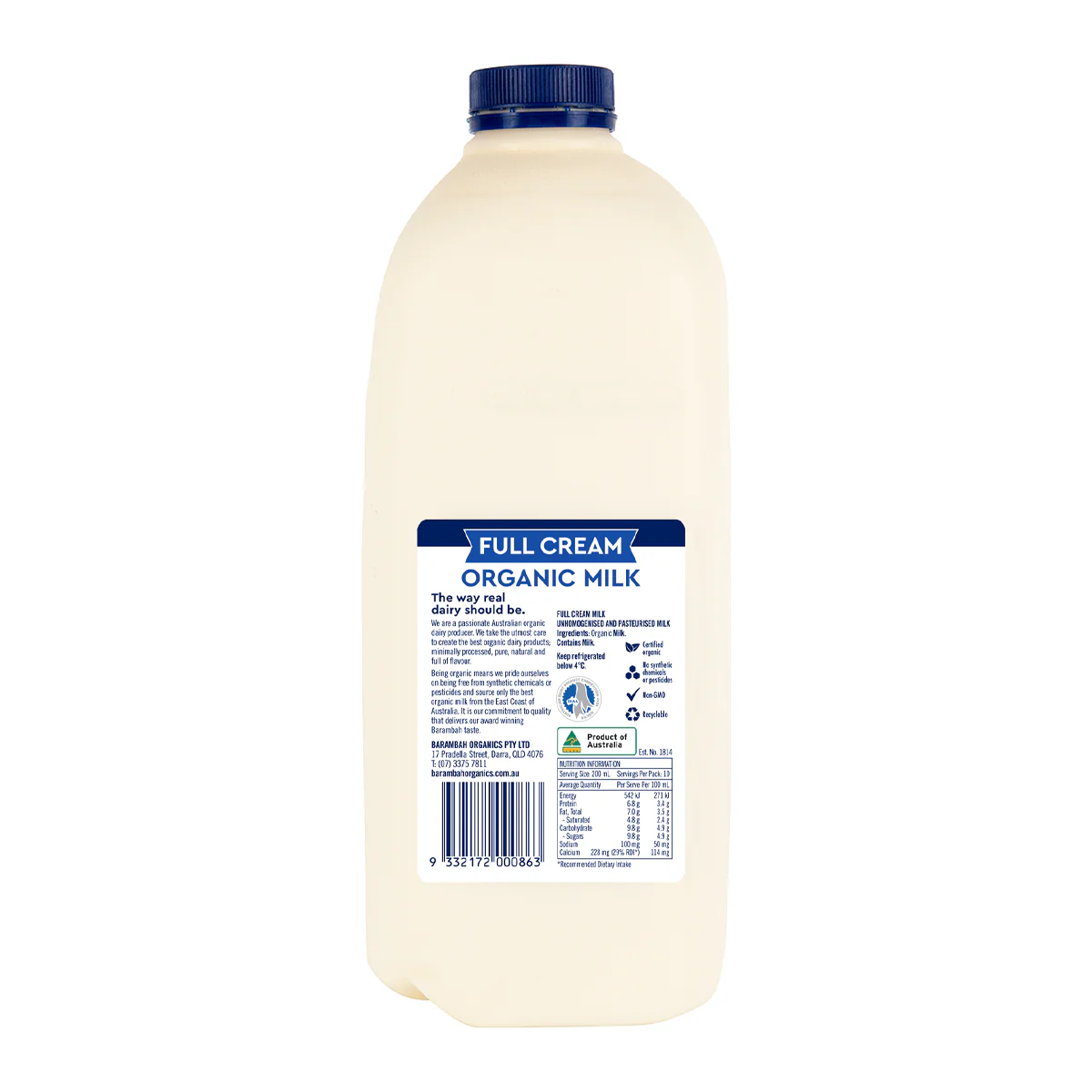 Barambah Organics Unhomogenised Cream Top Full Cream Milk 2L - Image 2