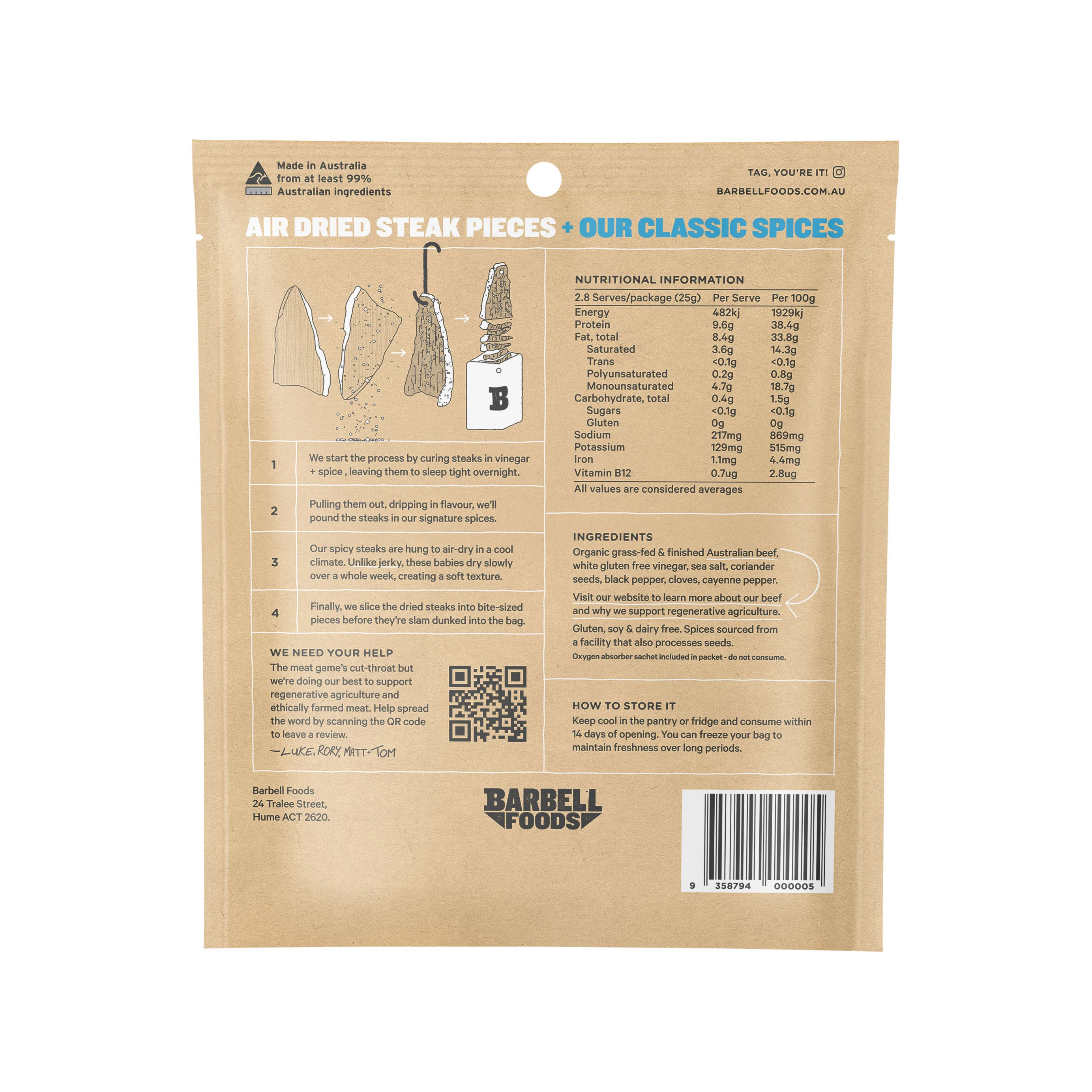 Barbell Benchmark Classic Spices Air Dried Steak Organic Grass Fed Beef 70g - Image 2