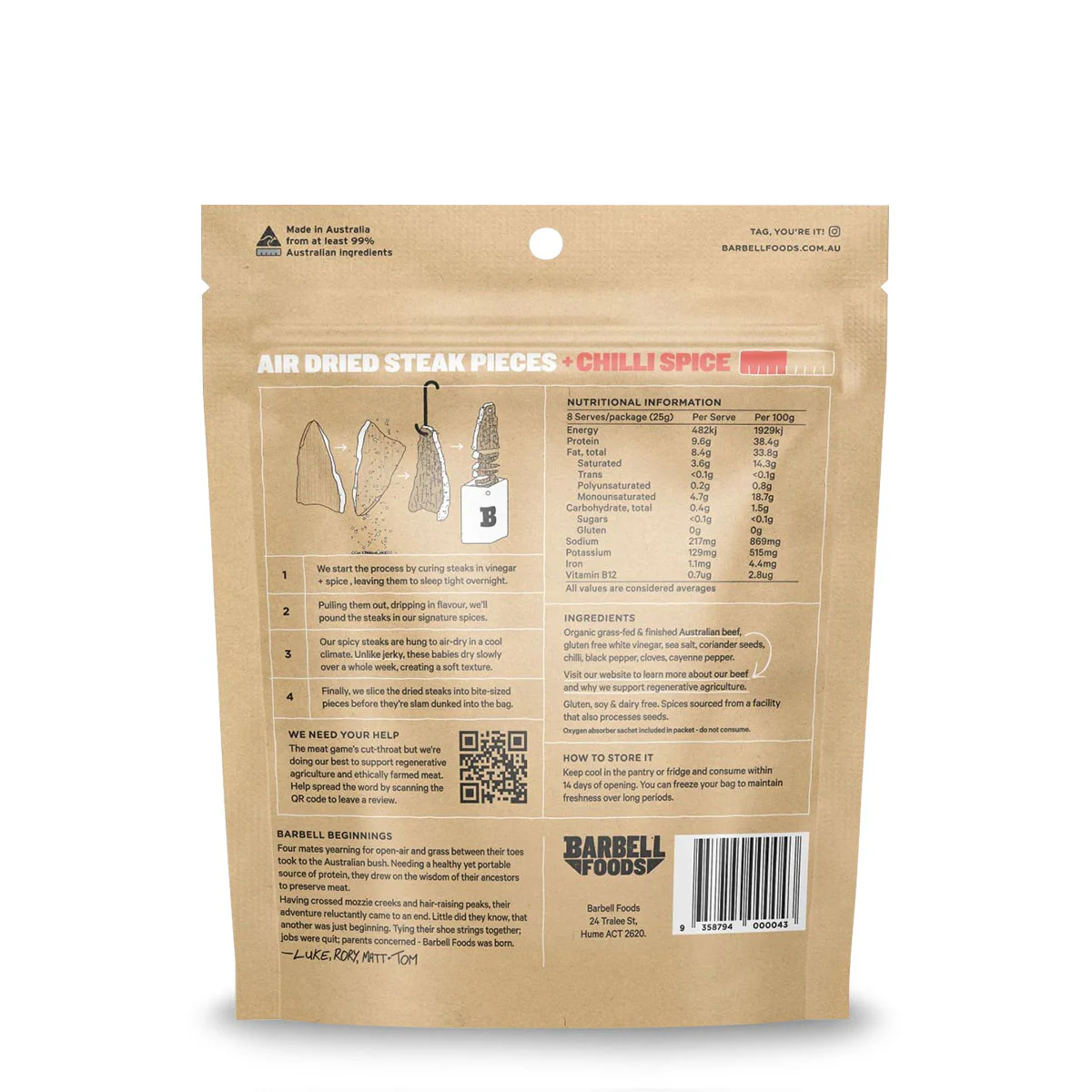 Barbell Burn Chilli Spice Air Dried Steak Organic Grass Fed Beef 200g - Image 2