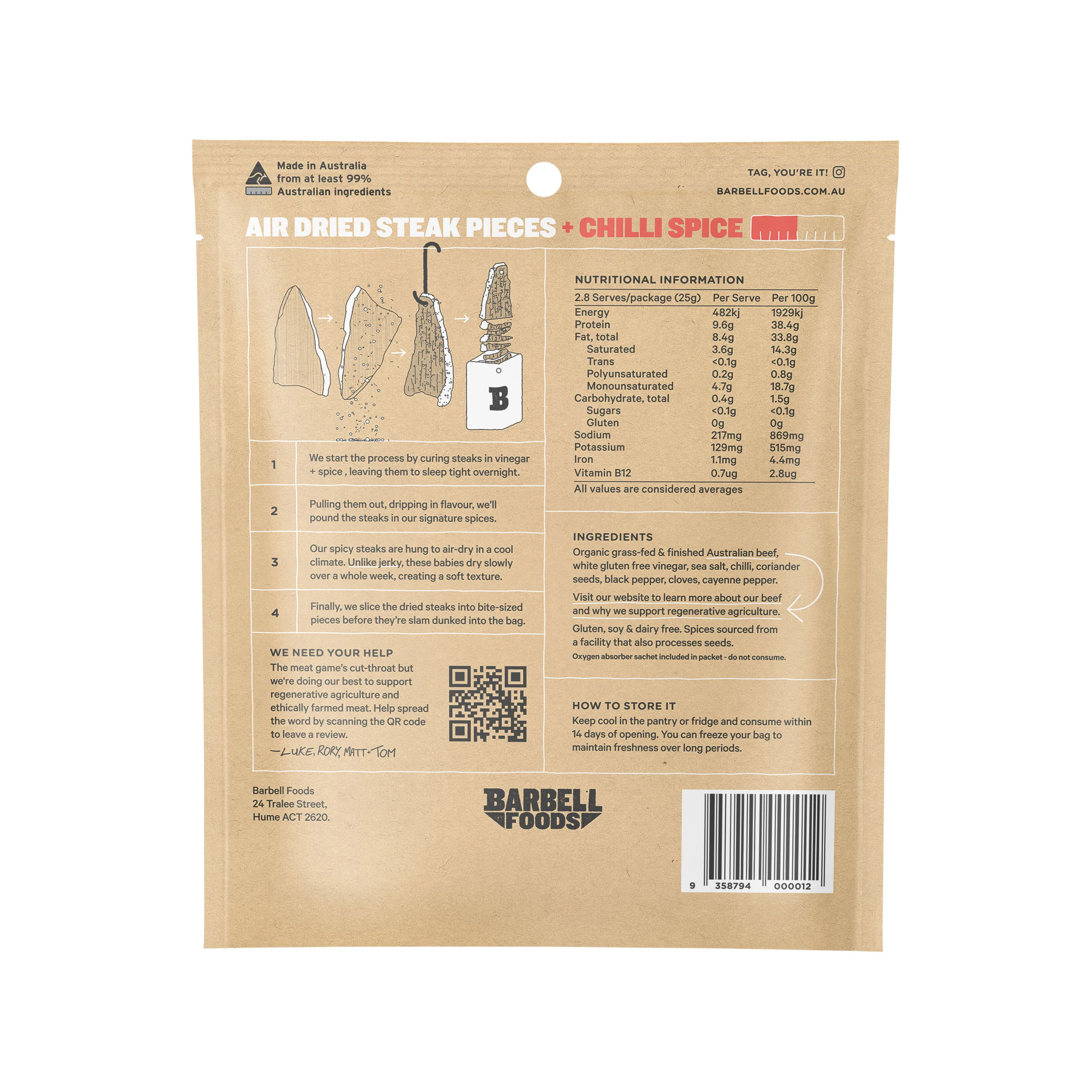 Barbell Burn Chilli Spice Air Dried Steak Organic Grass Fed Beef 70g - Image 2