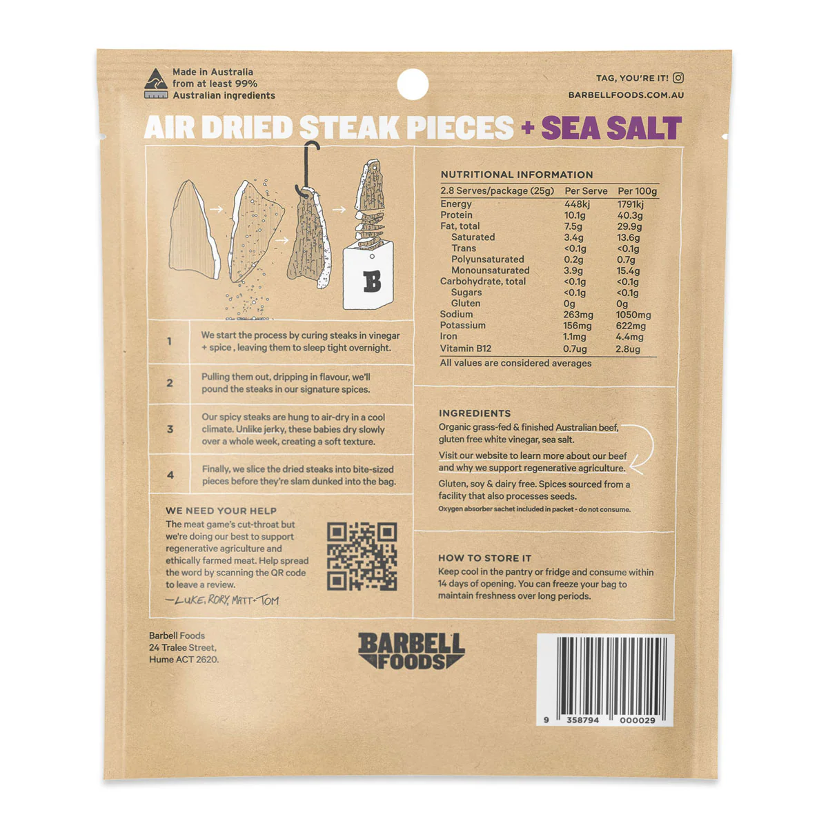 Barbell Foods Air Dried Steak Sea Salt Biltong 70g - Image 2