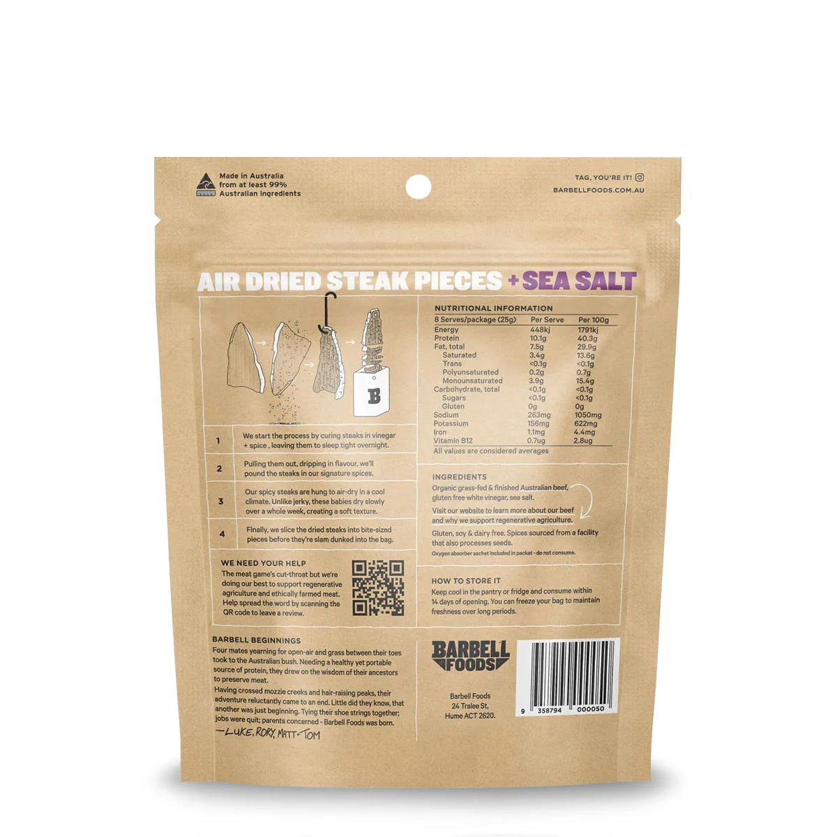 Barbell Foods Air Dried Steak Sea Salt Biltong 200g - Image 2