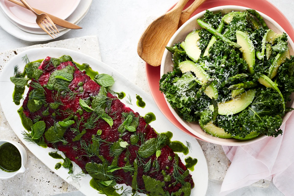 Easter Beetroot Coated Salmon with Herb Dressing and Kale Avocado Salad - Image 2
