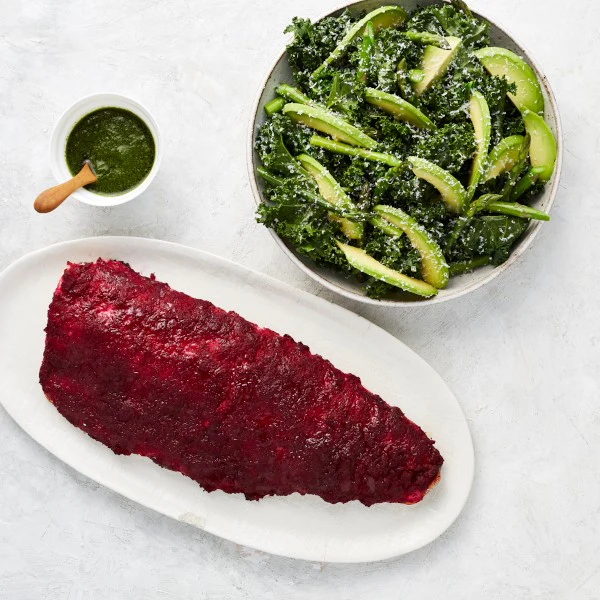 Easter Beetroot Coated Salmon with Herb Dressing and Kale Avocado Salad - Image 8
