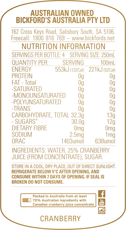 Bickford's Cranberry Juice 1L - Image 2