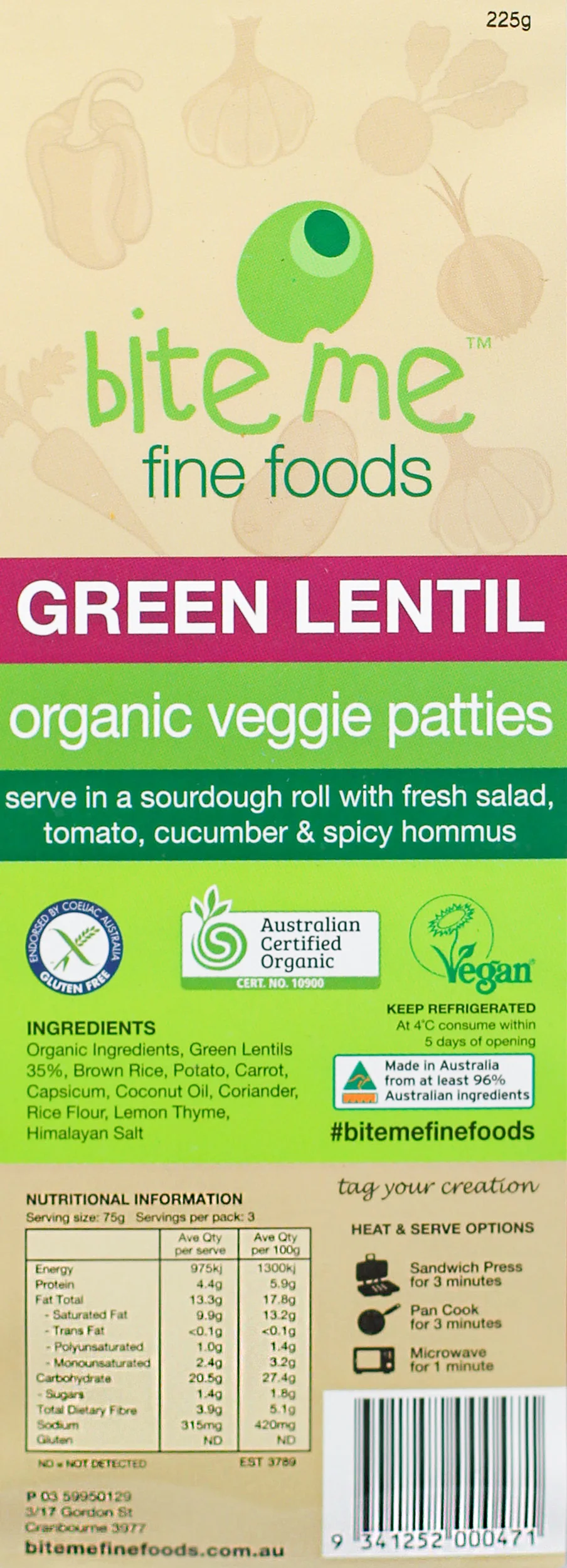 Bite Me Fine Foods Organic Veggie Patties Green Lentil 225g - Image 2