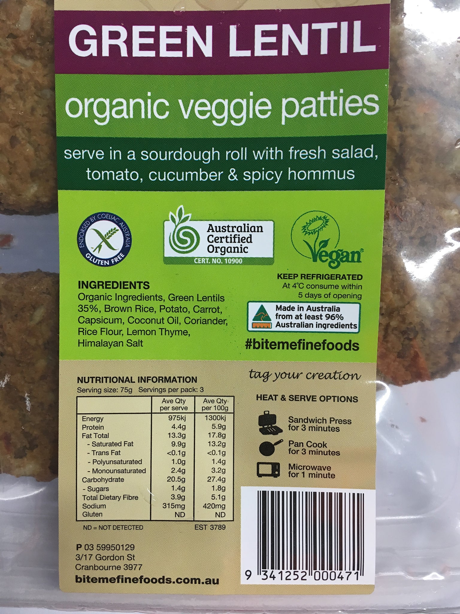 Bite Me Fine Foods Organic Veggie Patties Green Lentil 225g - Image 3