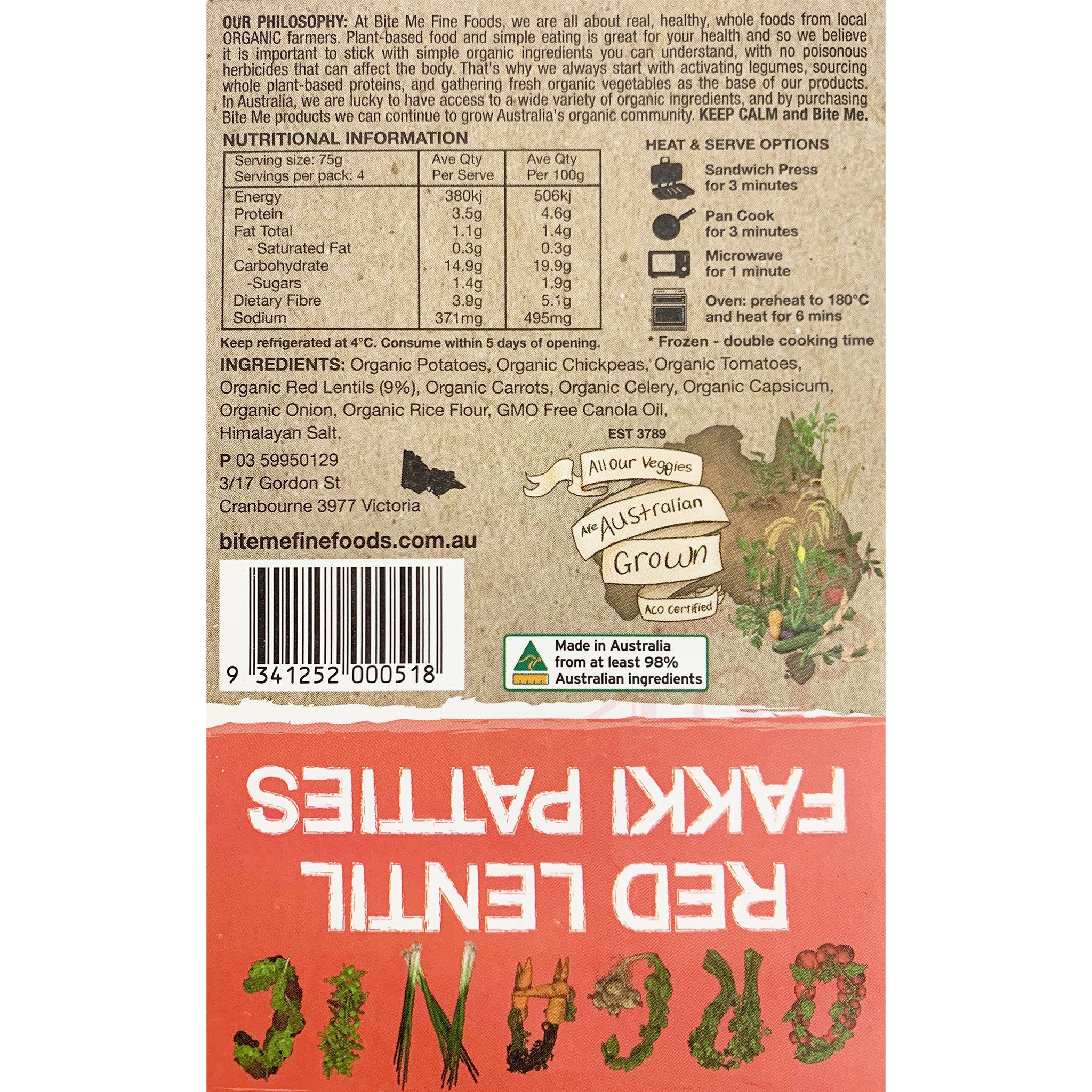 Bite Me Fine Foods Organic Fakki Patties Red Lentil 300g - Image 2