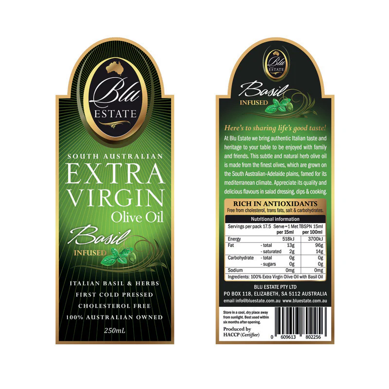 Blu Estate Extra Virgin Olive Oil Basil Infused 250ml - Image 2