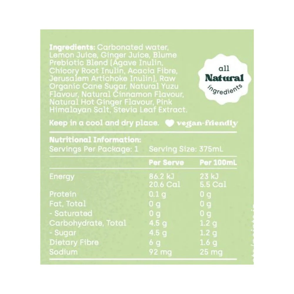 Blume Sparkling Prebiotic Tonic Lemon Yuzu Ginger 375ml - Image 2
