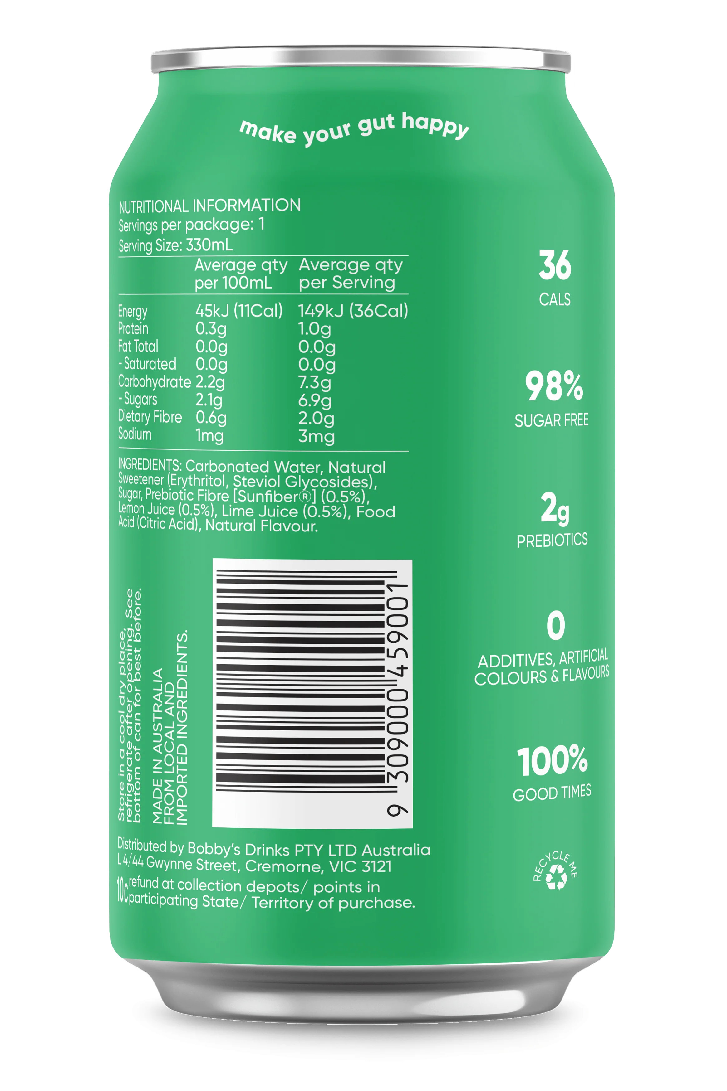 Bobby Prebiotic Soft Drink Lemon Lime 330mL - Image 3