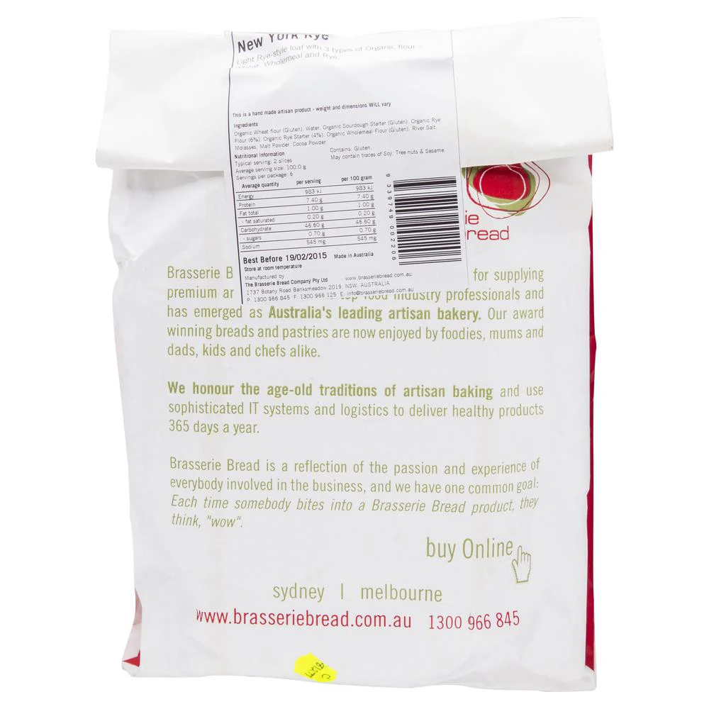 Brasserie Bread New York Rye Organic Sourdough 625g - Image 2
