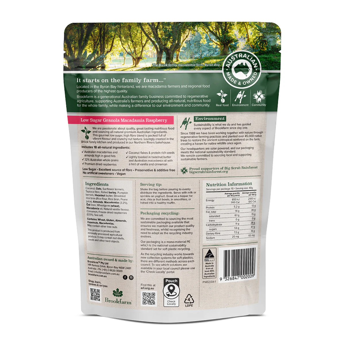Brookfarm Low Sugar Granola Macadamia Raspberry 400g - Image 2