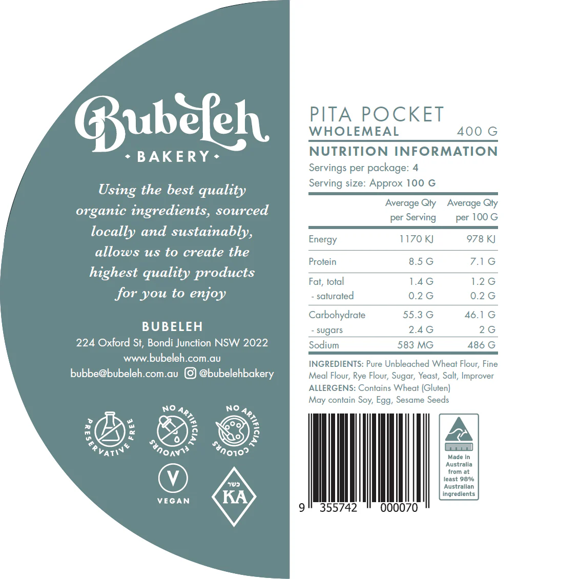 Bubeleh Bakery Wholemeal Pita Pockets x4 400g - Image 3