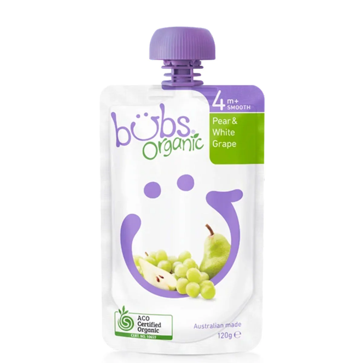 Bubs Organic Puree Pear White Grape 4 Months+ 120g
