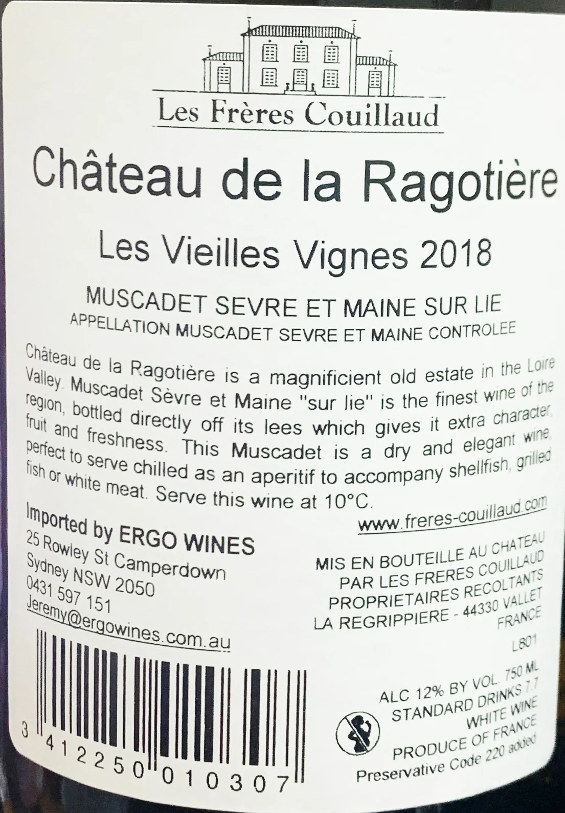 Chateau de la Ragotiere Muscadet Sur Lie Loire Valley France 750ml - Image 3