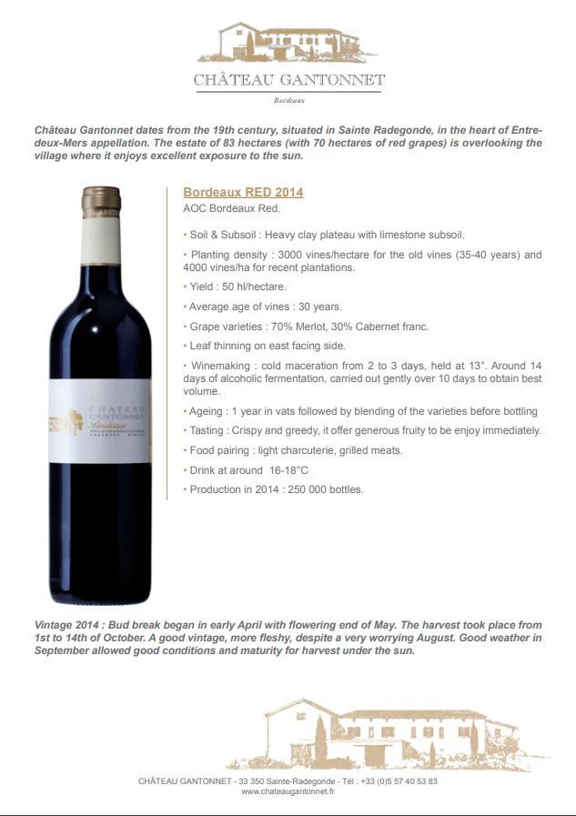Chateau Gantonnet Bordeaux Red Sainte Radegonde France 750ml - Image 2