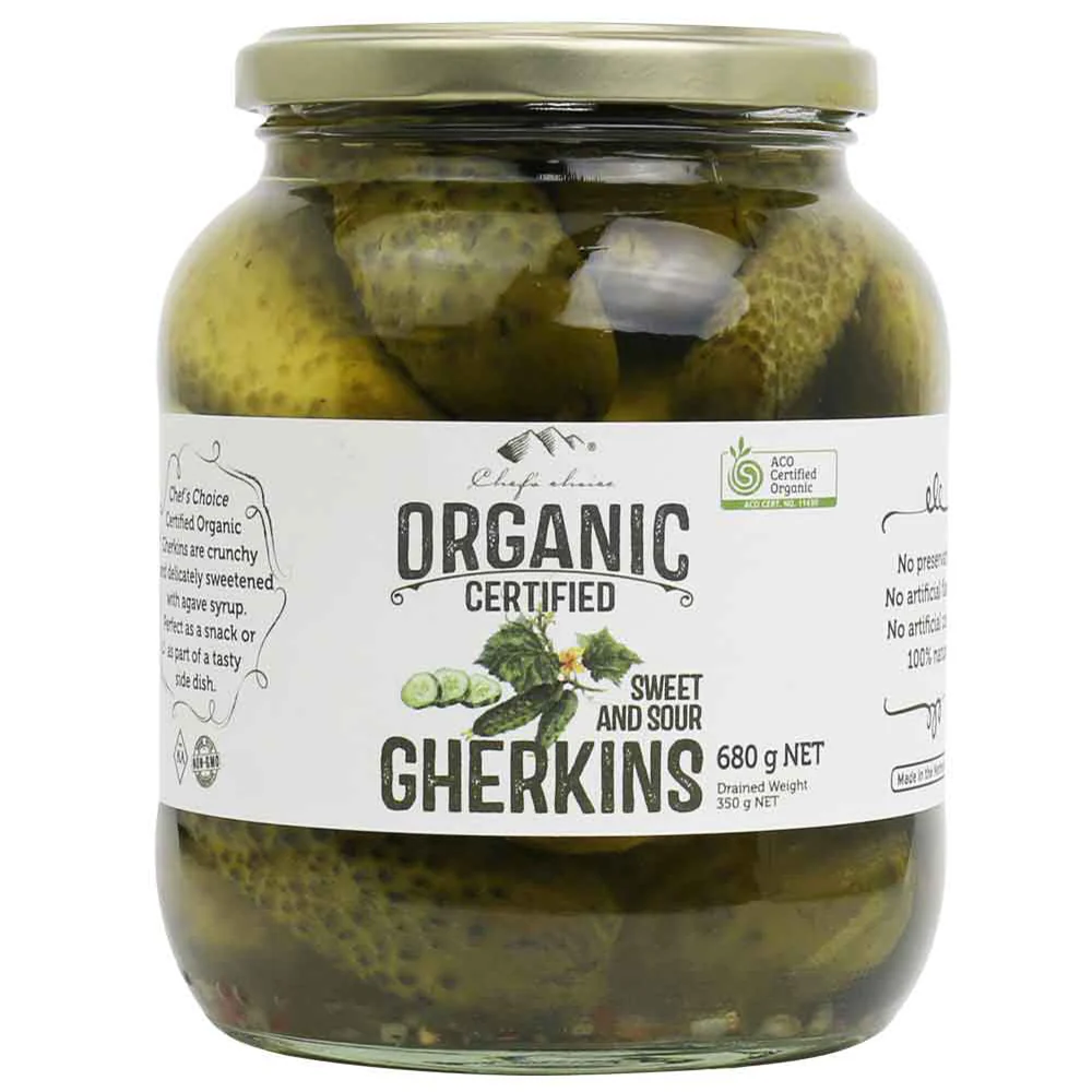 Chef's Choice Organic Gherkins Sweet and Sour 680g