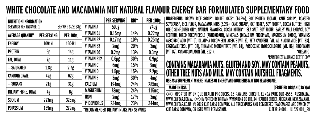 Clif Bar Organic White Chocolate Macadamia Nut Energy Bar 68g - Image 2