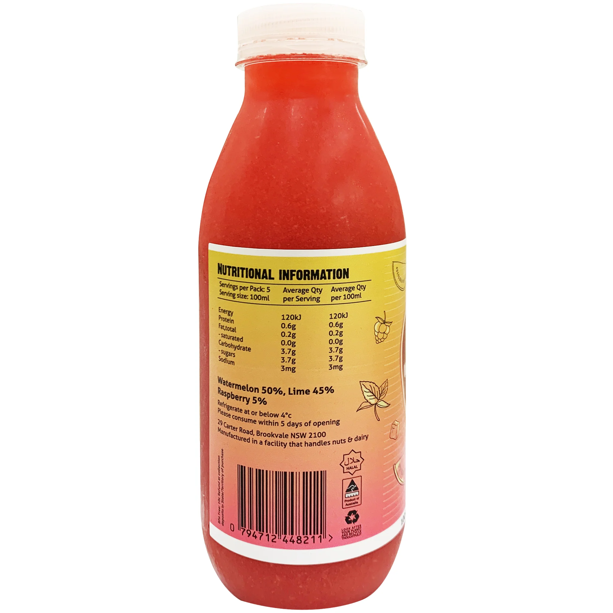 Cold Pressed Cocktail Mixer Watermelon Raspberry and Lime Juice 500ml - Image 2