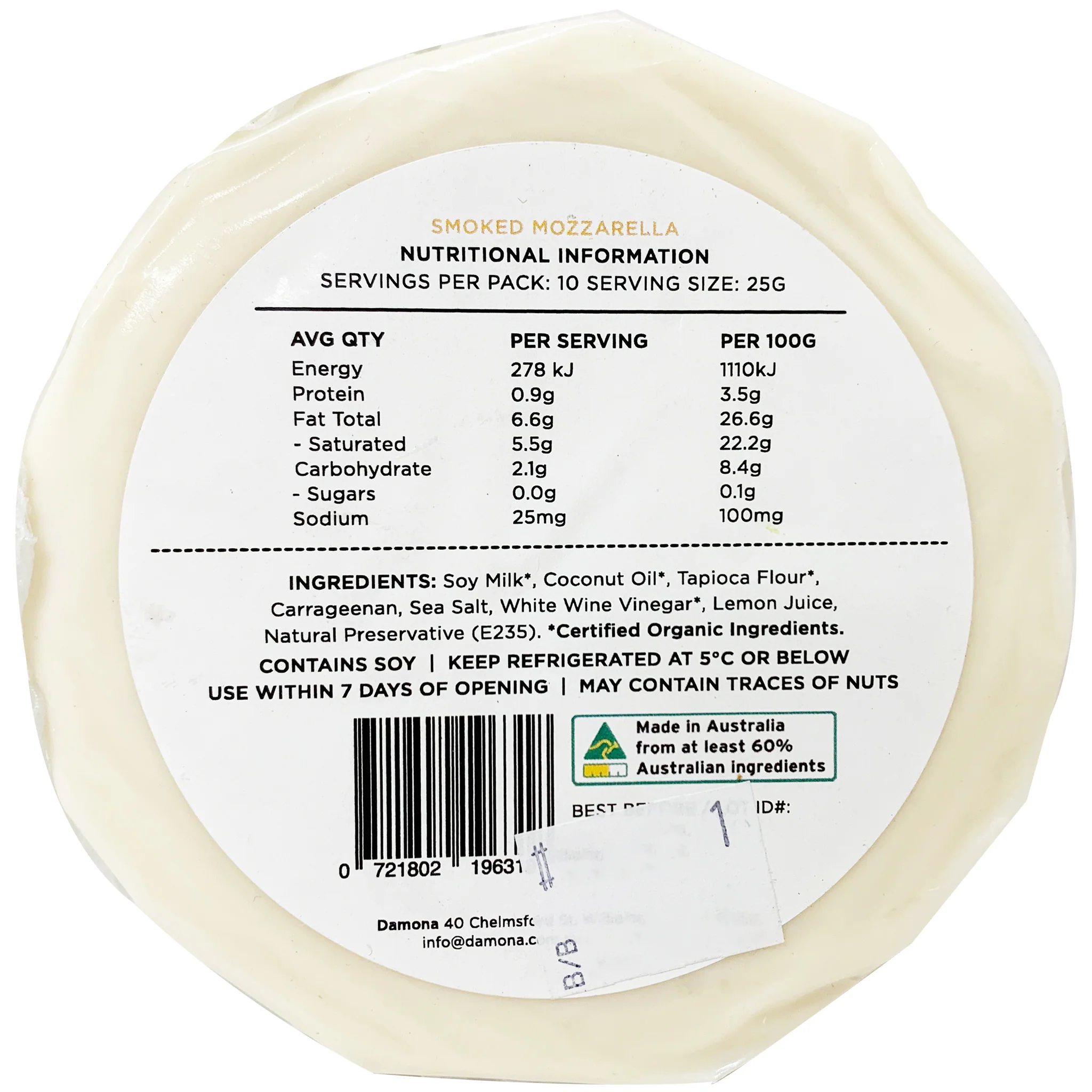 Damona Dairy-Free Cheeses Smoked Mozzarella 200g - Image 3