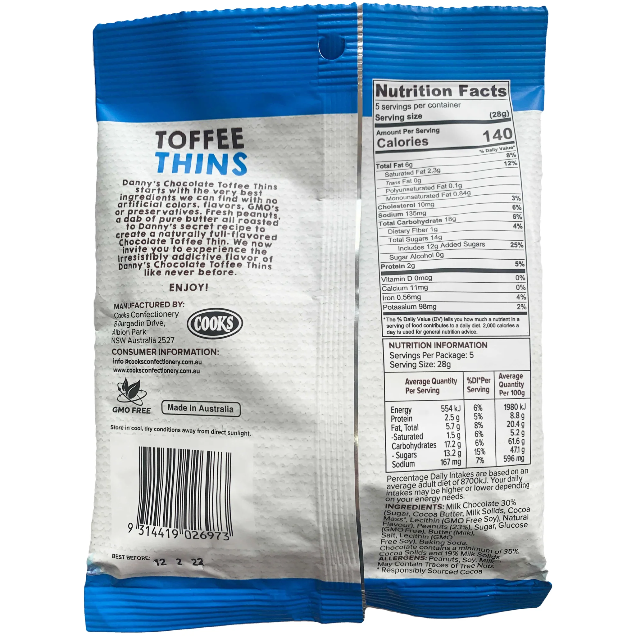 Danny's Toffee Thins Milk Chocolate Peanut Sea Salt 140g - Image 3