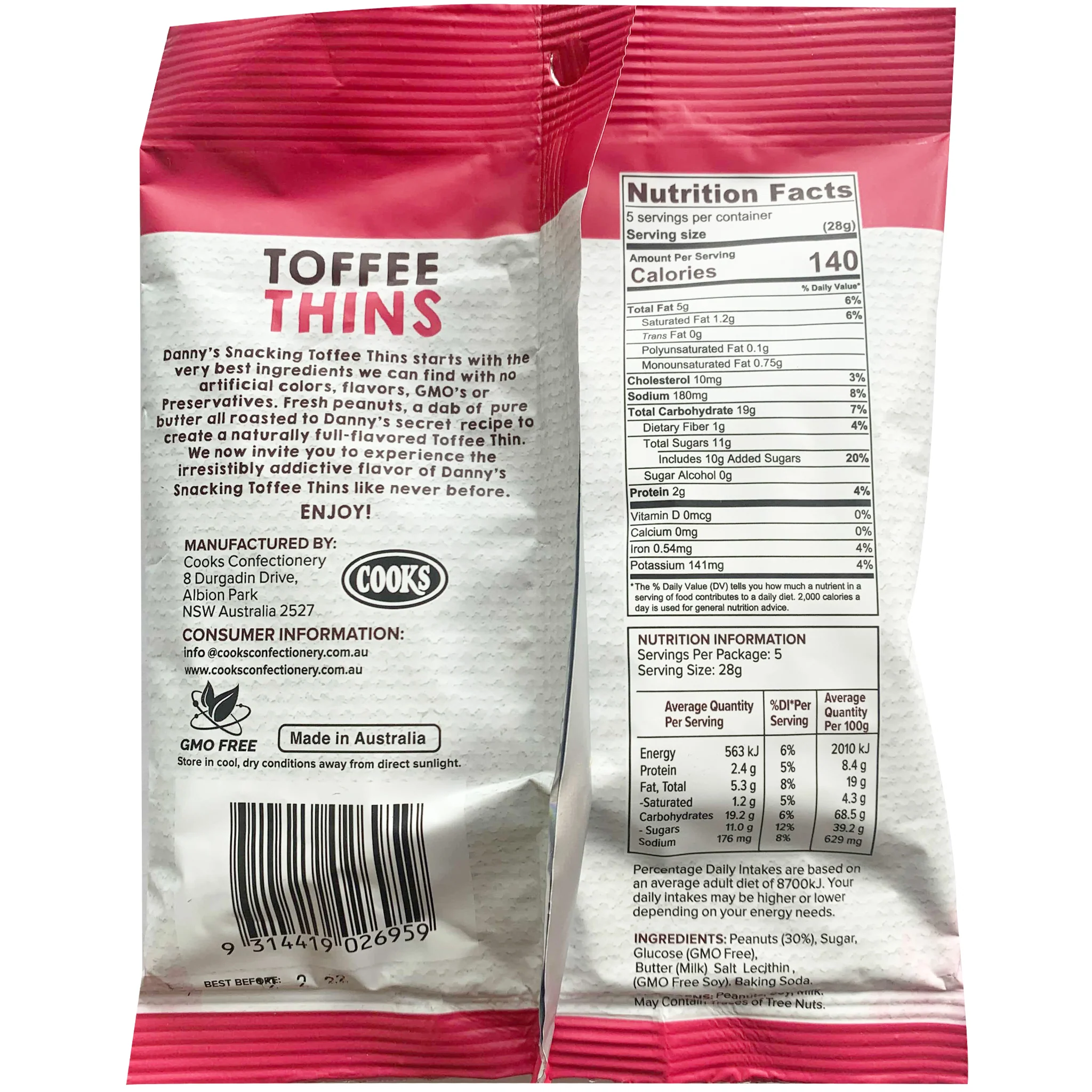 Danny's Toffee Thins Peanut and Sea Salt 140g - Image 4
