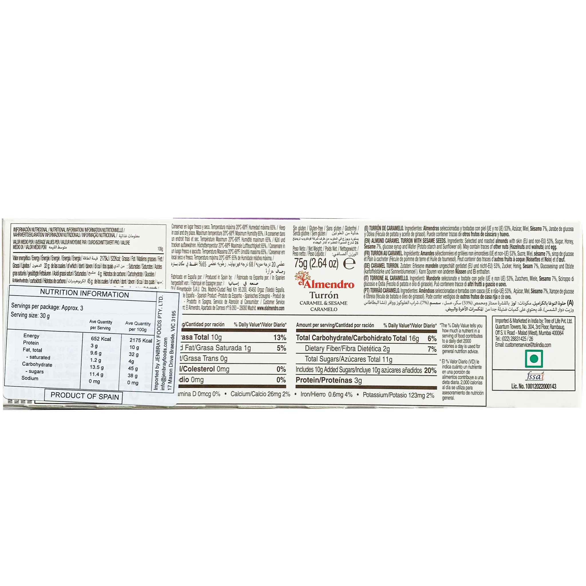 El Almendro Turron Bar Caramel Sesame 75g - Image 2