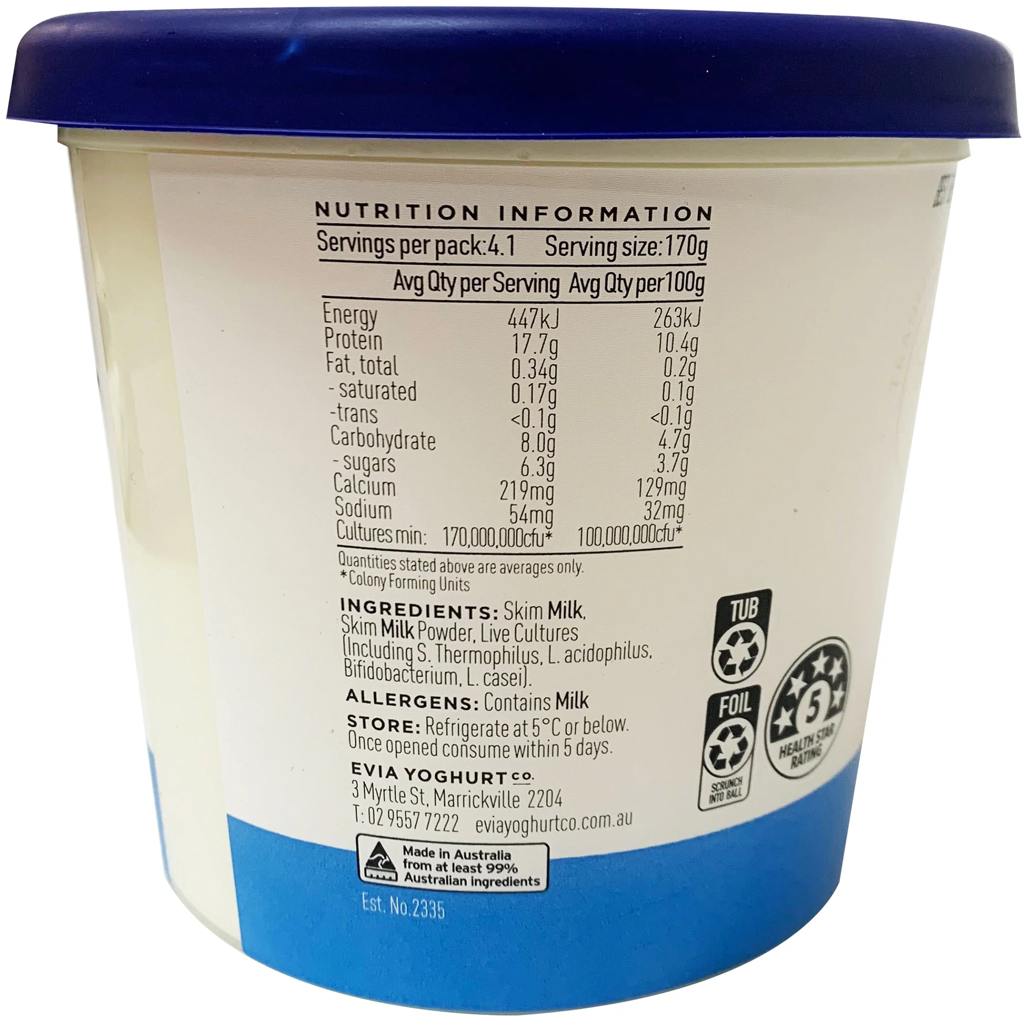 Evia Greek Skim Natural Strained Yoghurt  700g - Image 2