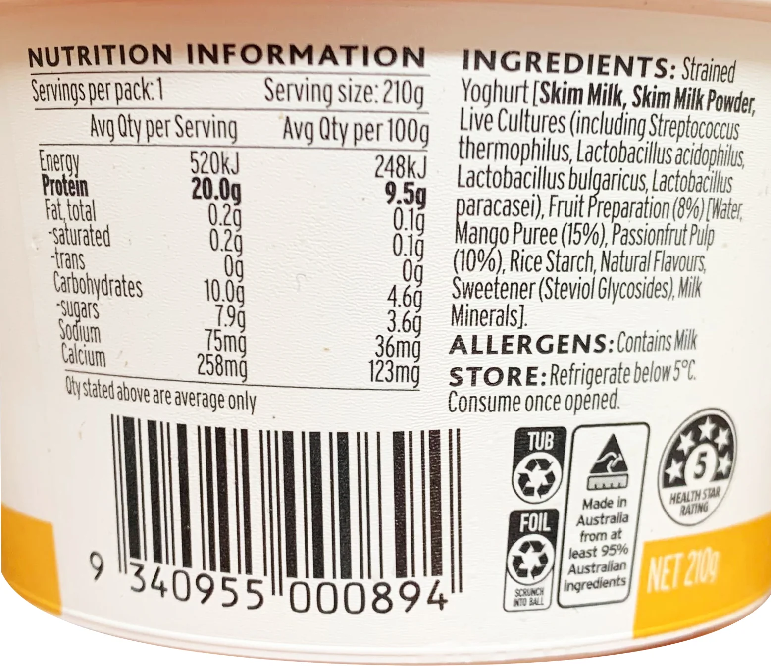 Evia Protein Mango and Passionfruit Yoghurt 210g - Image 2