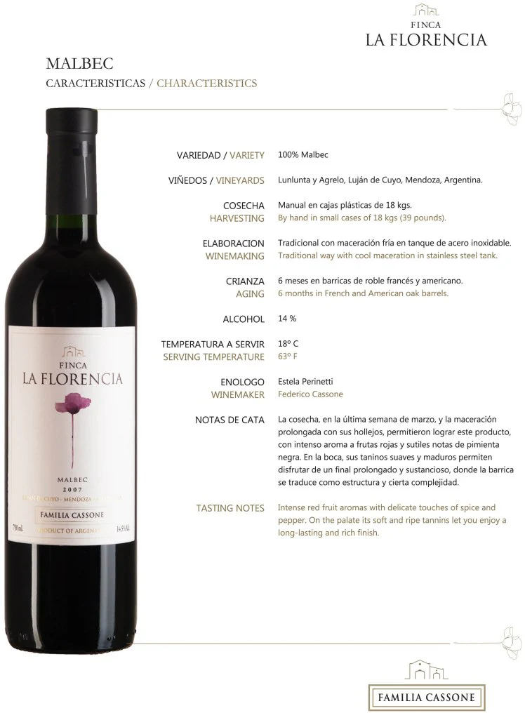 Familia Cassone Malbec Finca La Florencia Mendoza Argentina 750ml - Image 2