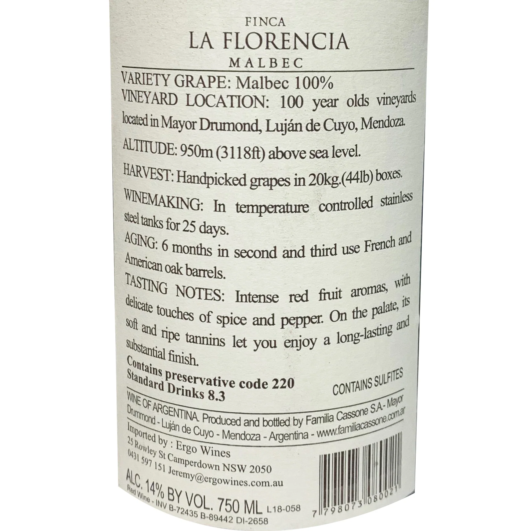 Familia Cassone Malbec Finca La Florencia Mendoza Argentina 750ml - Image 3