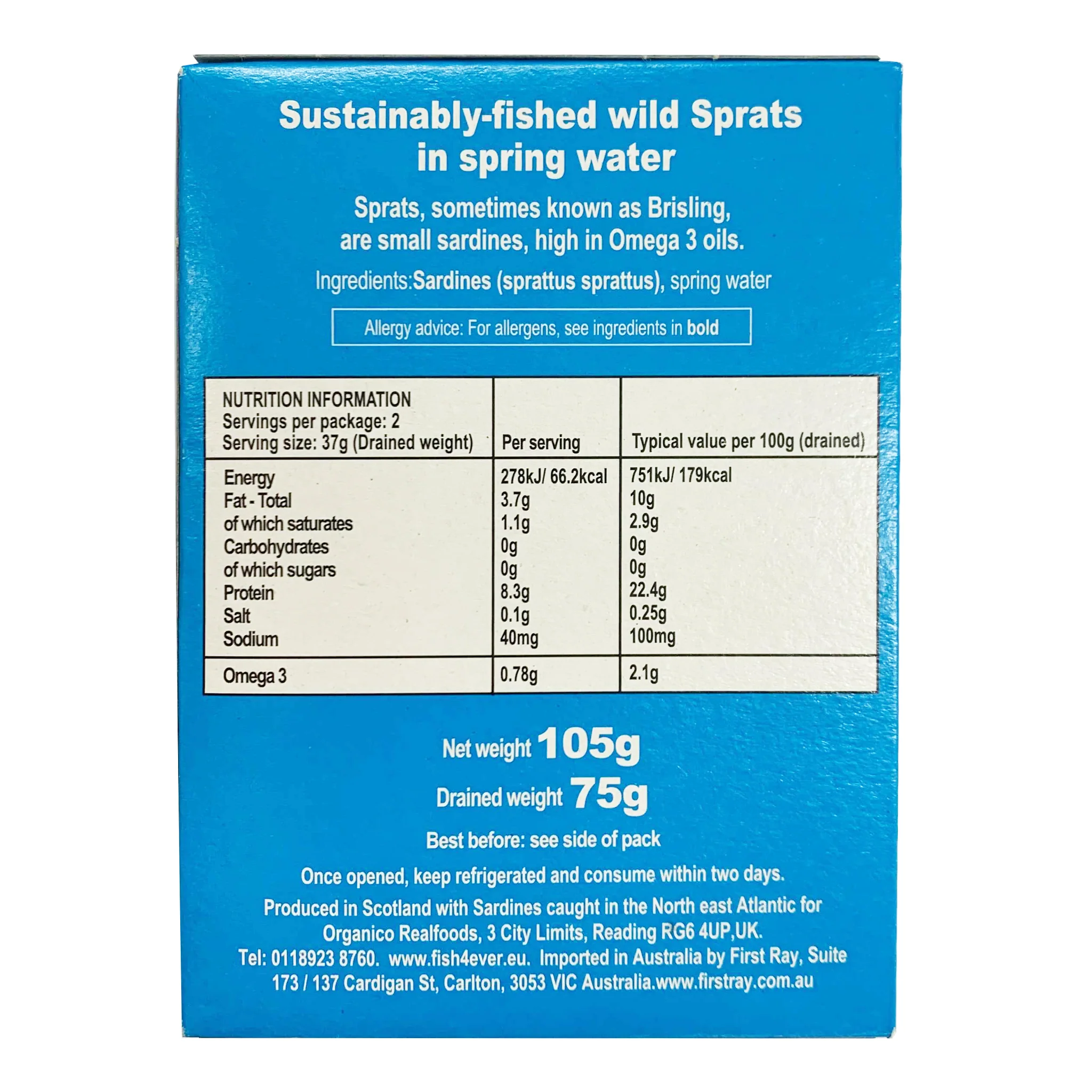 Fish4Ever Scottish Brisling Sardine Sprats in Spring Water 105g - Image 2