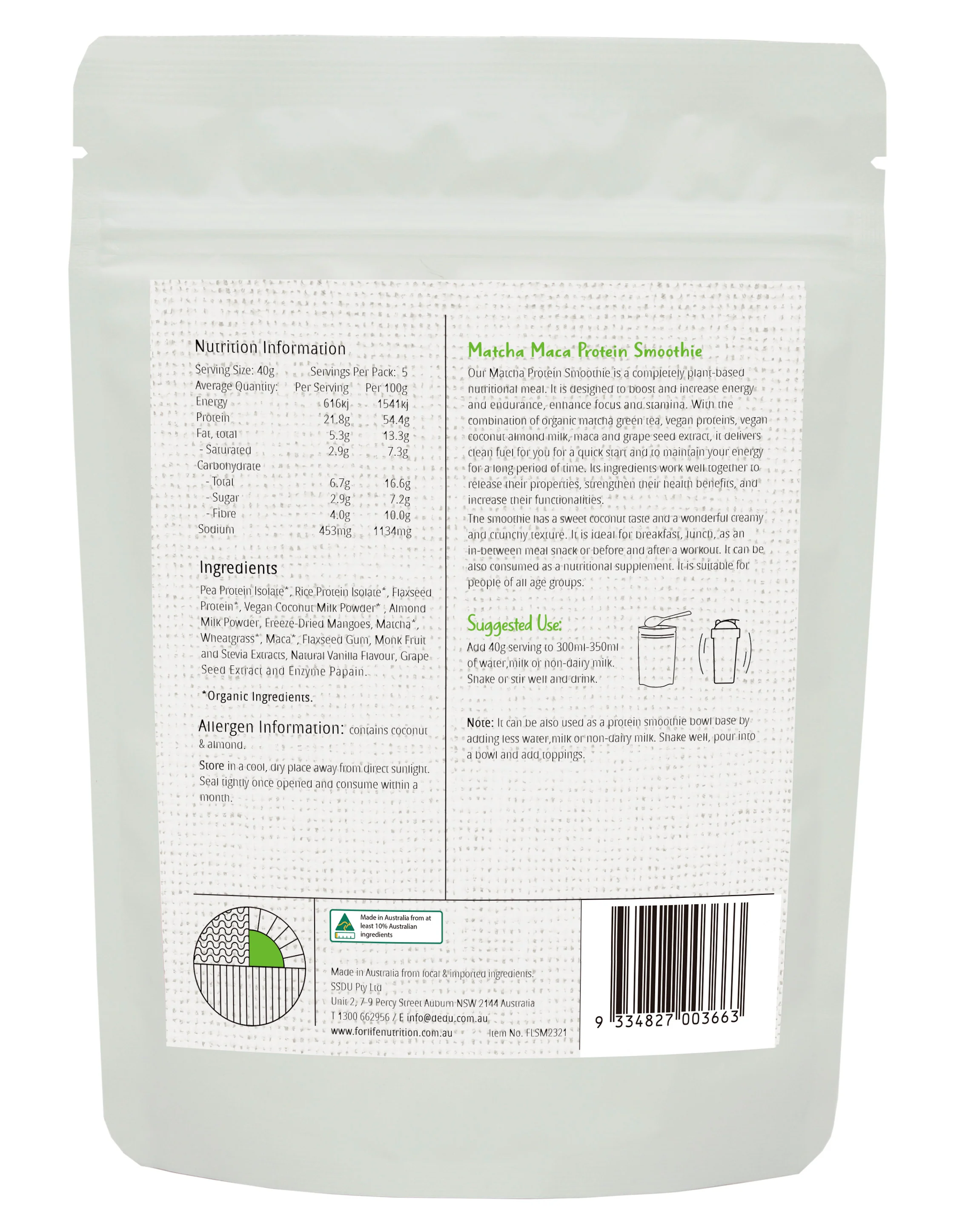 For Life Matcha Maca Protein Smoothie with Crunchy Freeze Dried Mangoes 200g - Image 2