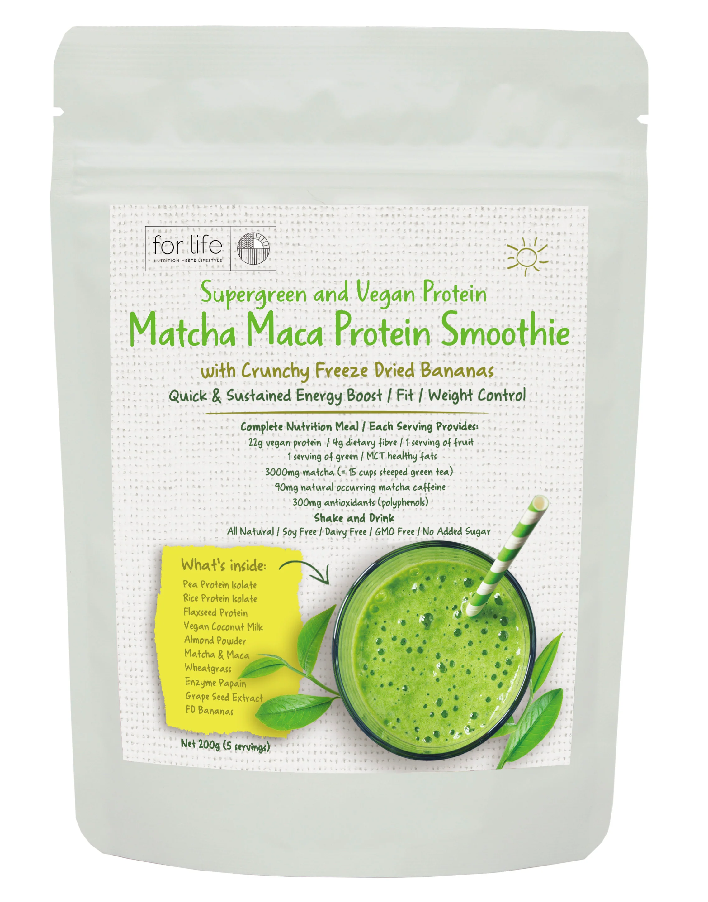 For Life Matcha Maca Protein Smoothie with Crunchy Freeze Dried Bananas 200g - Image 2