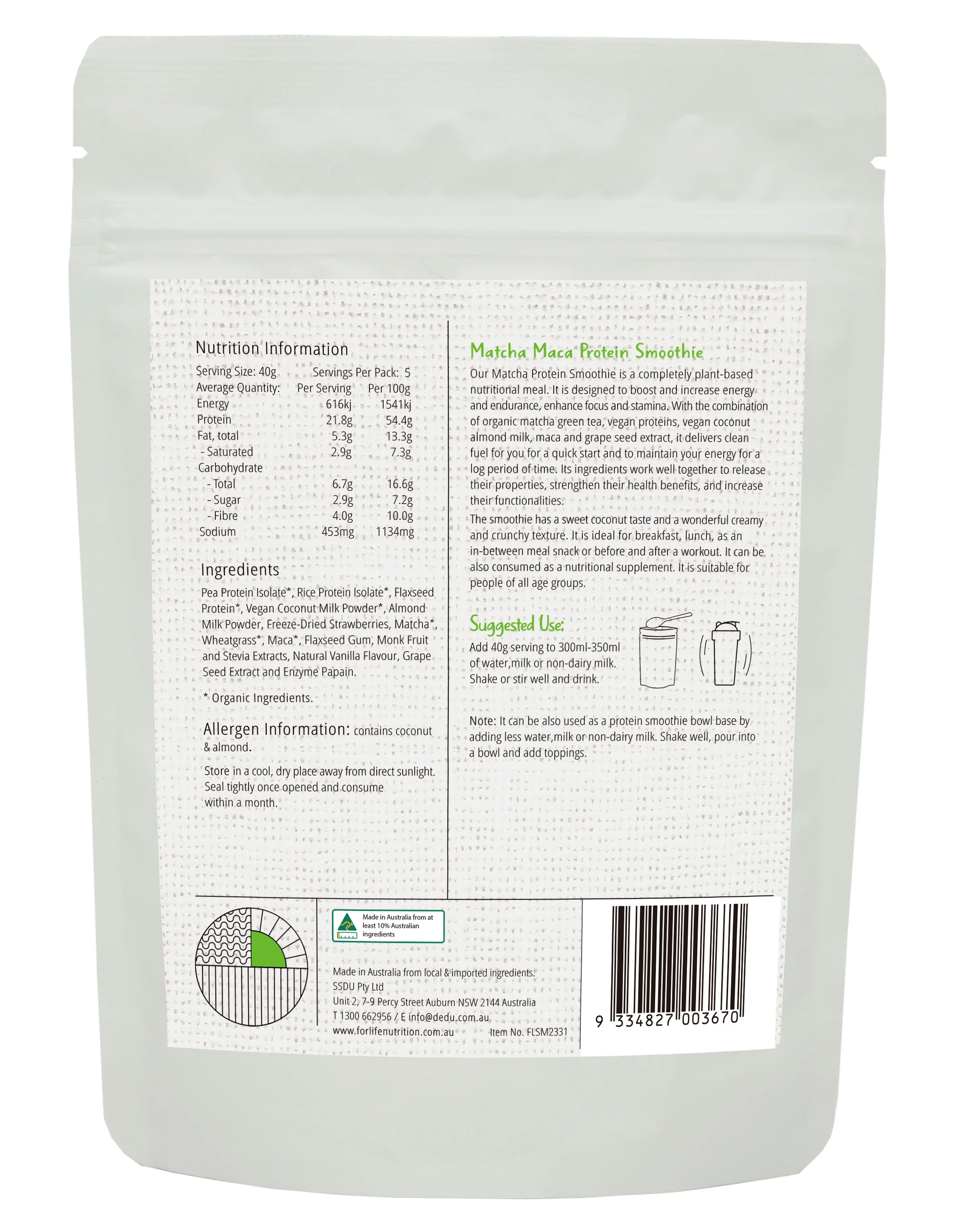 For Life Matcha Maca Protein Smoothie with Crunchy Freeze Dried Strawberries 200g - Image 2