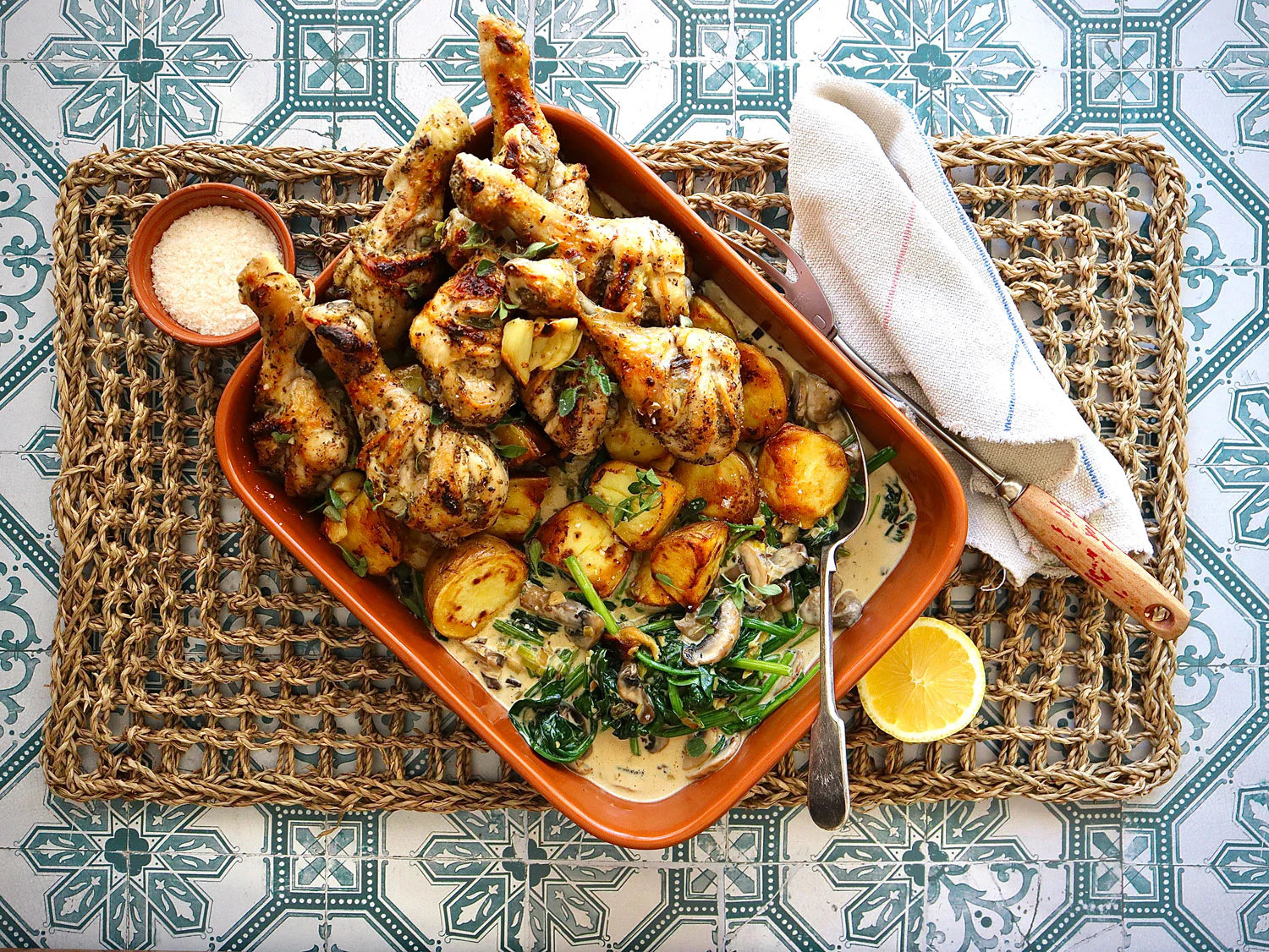 Garlic and Oregano Chicken Drumsticks - with Golden Potatoes and Creamy Spinach - Image 2