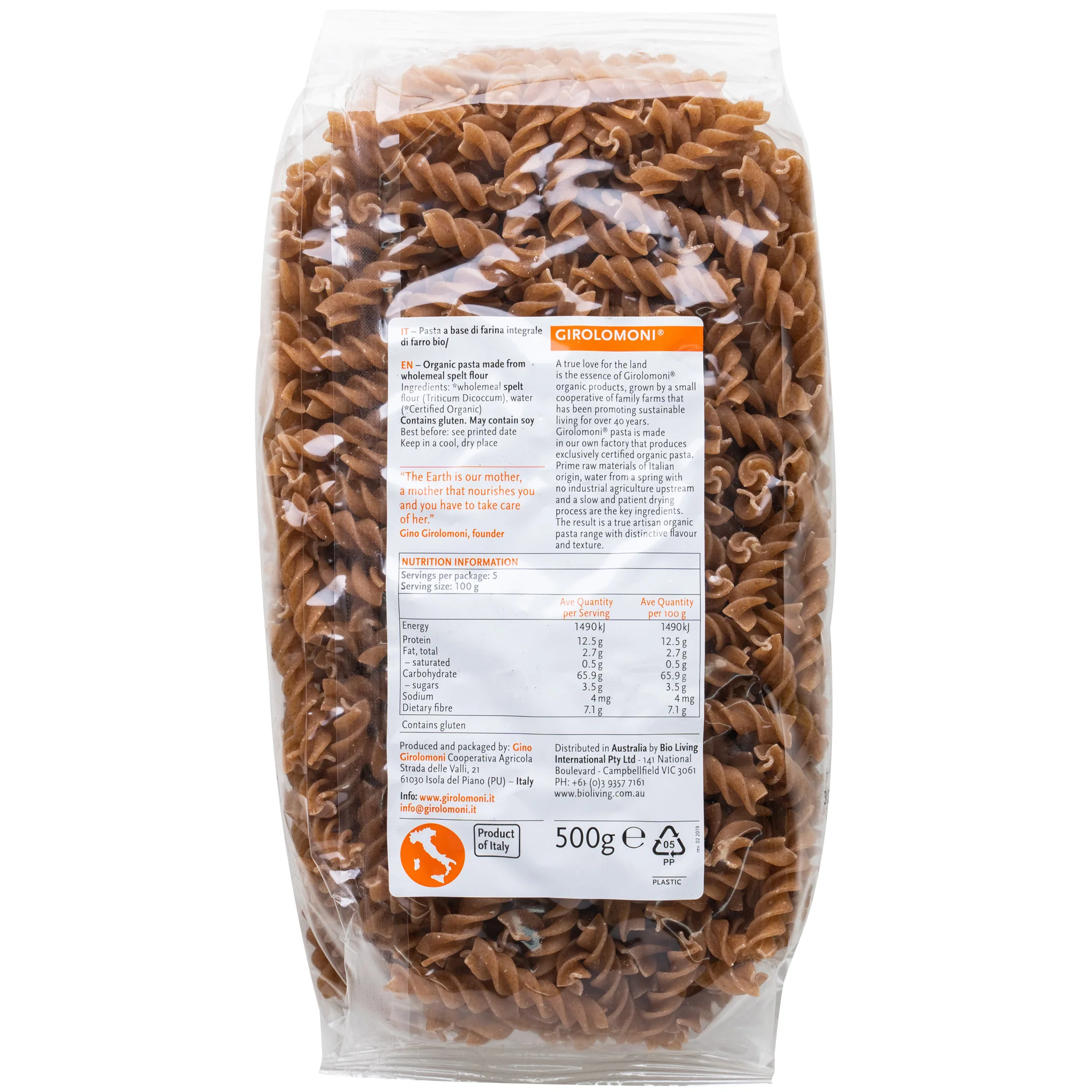 Girolomoni Organic Wholemeal Spelt Pasta Fusilli 500g - Image 2