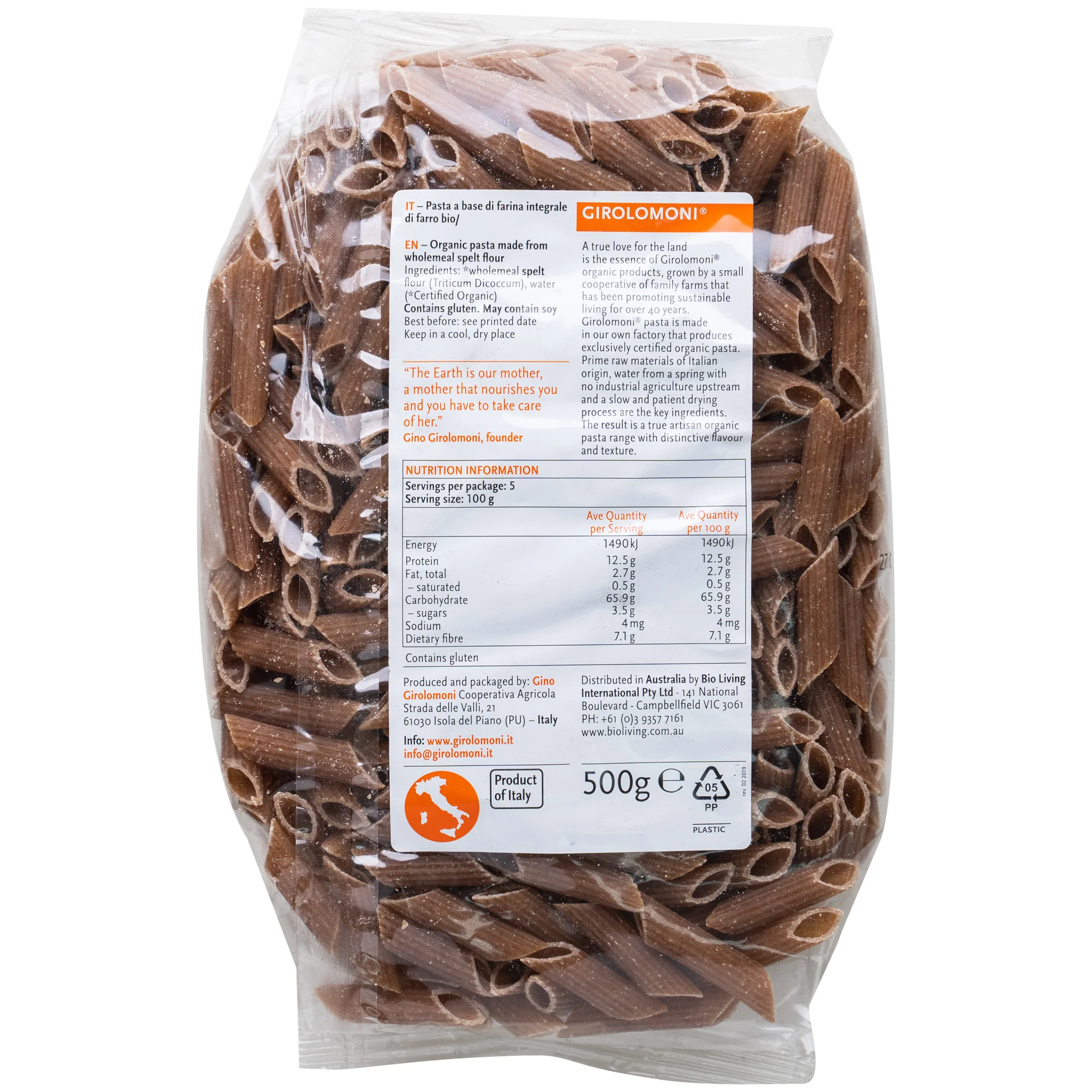 Girolomoni Organic Wholemeal Spely Pasta Penne Rigate 500g - Image 2