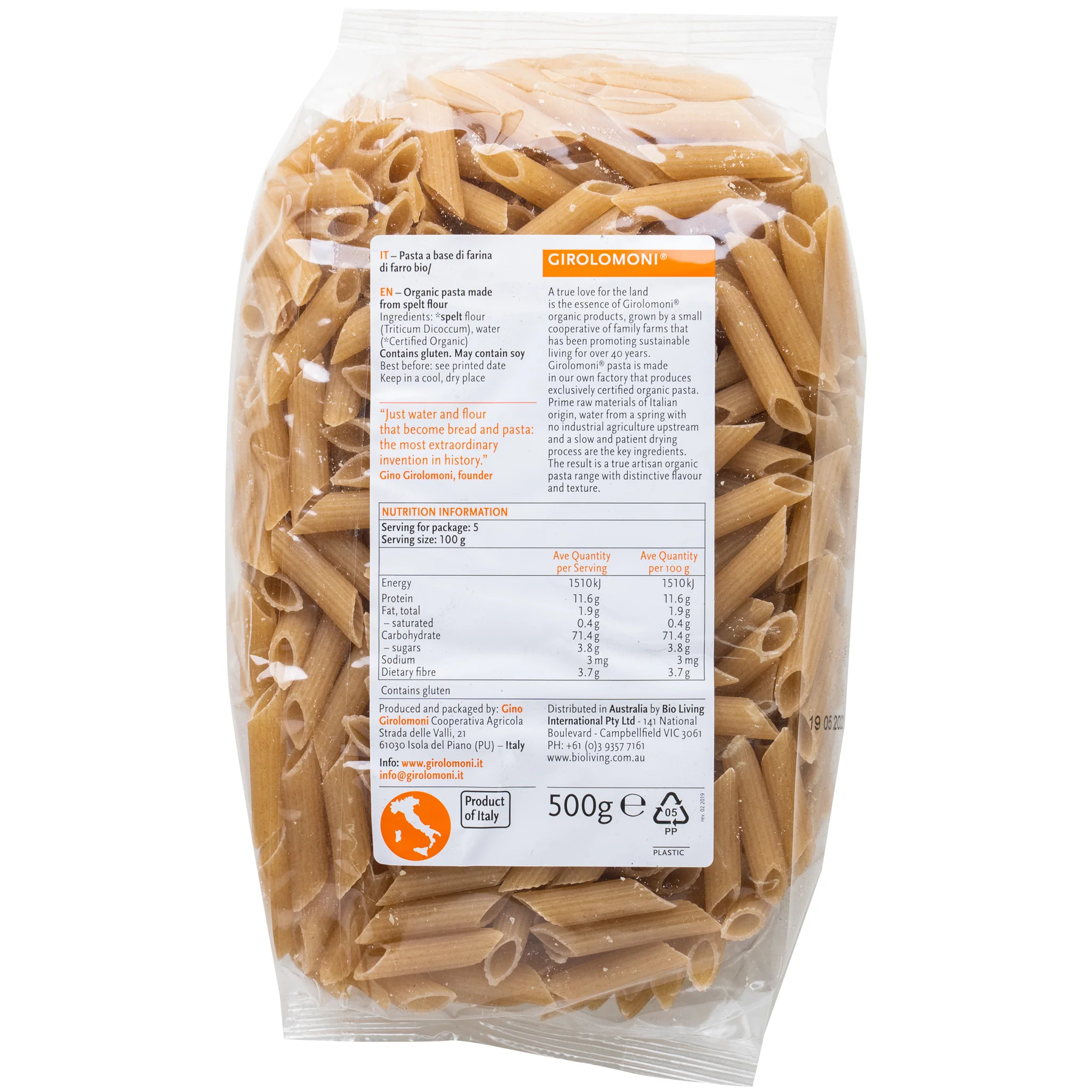 Girolomoni Organic Spelt Pasta Penne Rigate 500g - Image 2