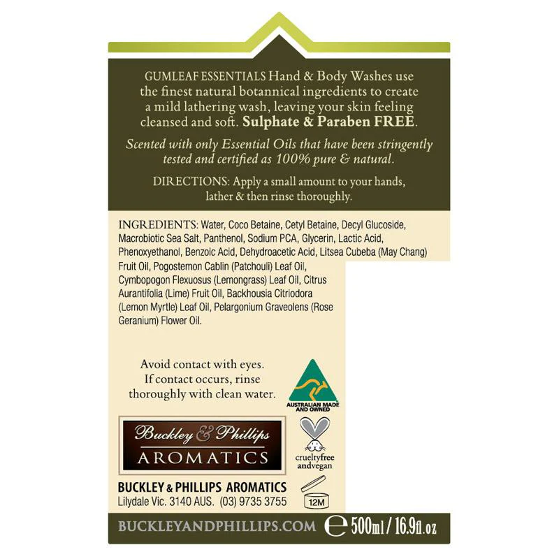 Gumleaf Essentials Indulgence Hand and Body Wash with Lemon Myrtle, May Chang and Lemongrass 500ml - Image 2