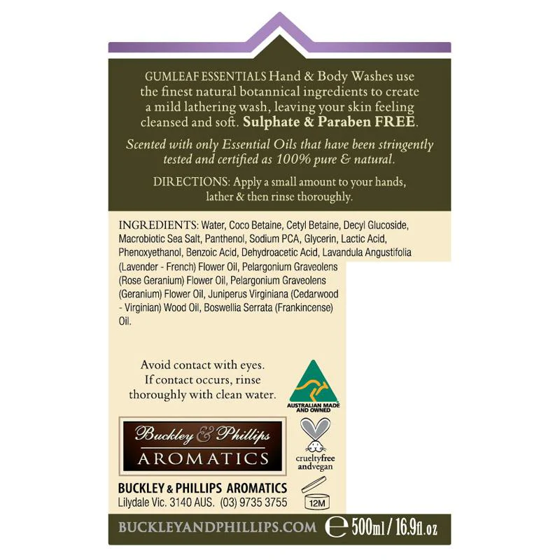 Gumleaf Essentials Relaxing Hand and Body Wash with Rose, Lavender and Cedarwood 500ml - Image 2